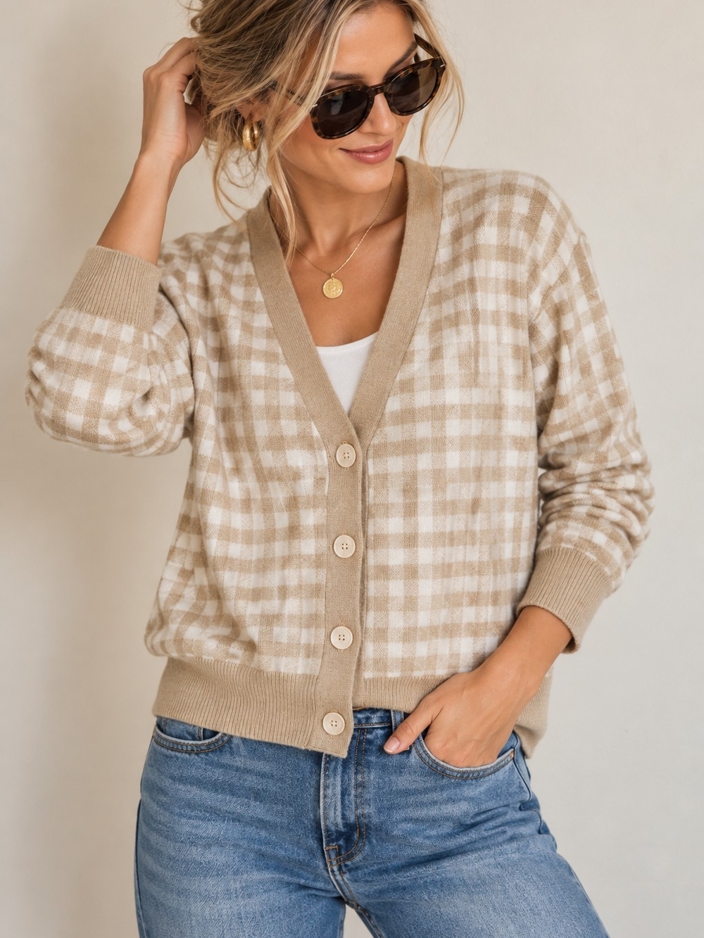 Sioni Beige and Cream Plaid V-Neck Cardigan